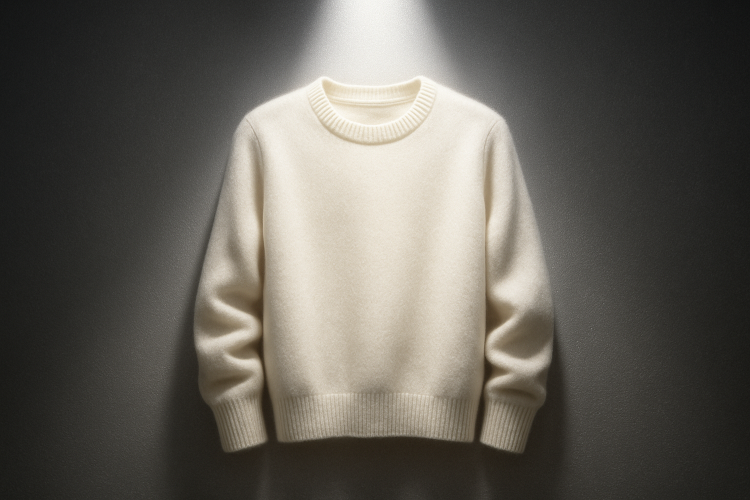 erstelle mir einen weißen luxuriösen pulli mit einem spotlight effekt und silbernen hintergrund