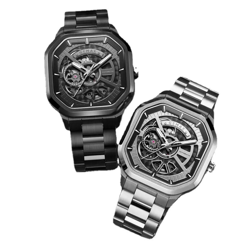 Quadratische Herren-Mechanikuhr mit Stahlarmband