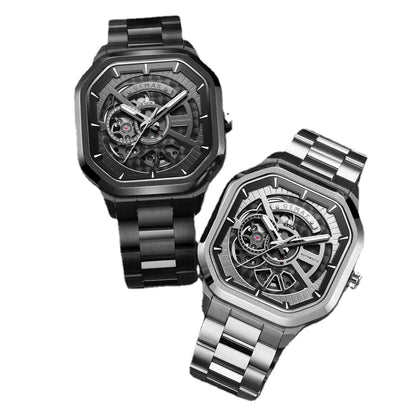 Quadratische Herren-Mechanikuhr mit Stahlarmband